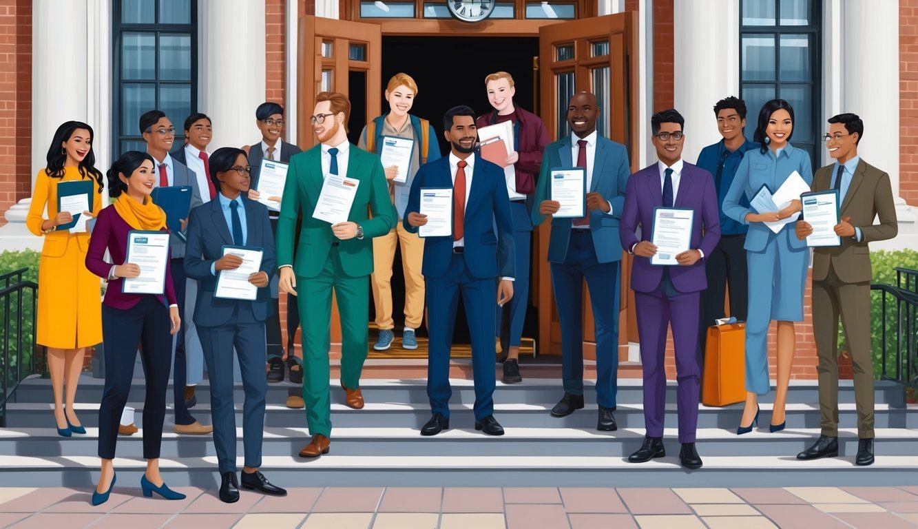 A group of diverse individuals gather around a university entrance, each holding a different set of qualifications and documents