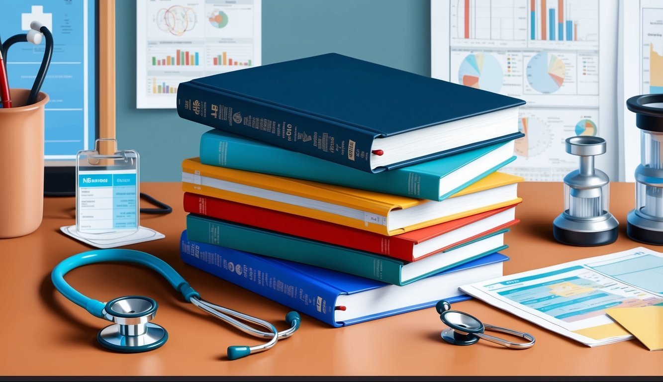 A stack of textbooks and a stethoscope on a desk, surrounded by medical equipment and charts