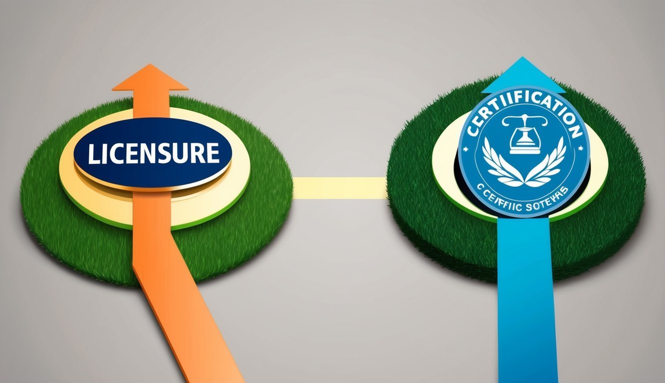 A pathway splitting into two, one leading to a licensure symbol and the other to a certification symbol
