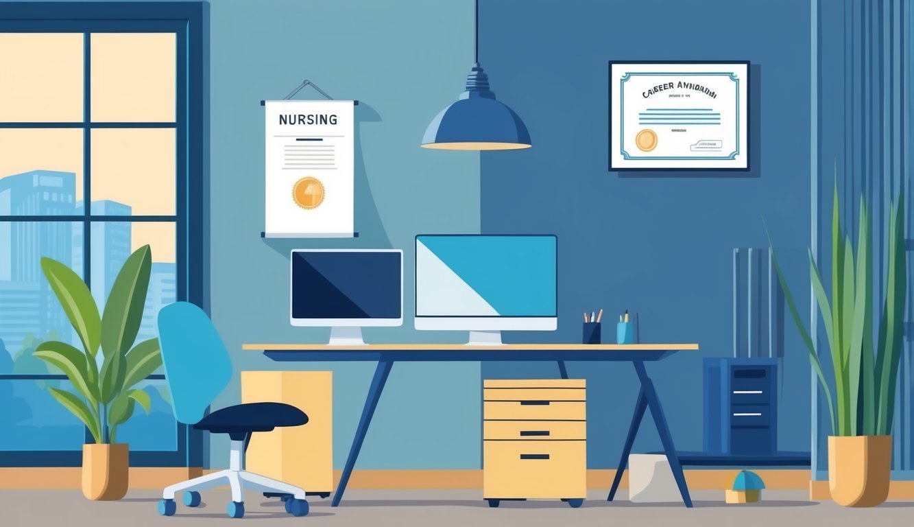 A modern office setting with a desk, computer, and diploma on the wall, representing career advancement in nursing