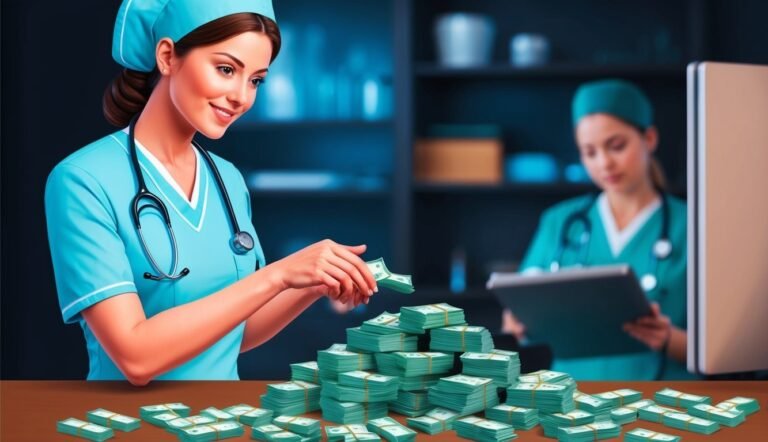 Nurse counting stacks of money on a table, another nurse in background