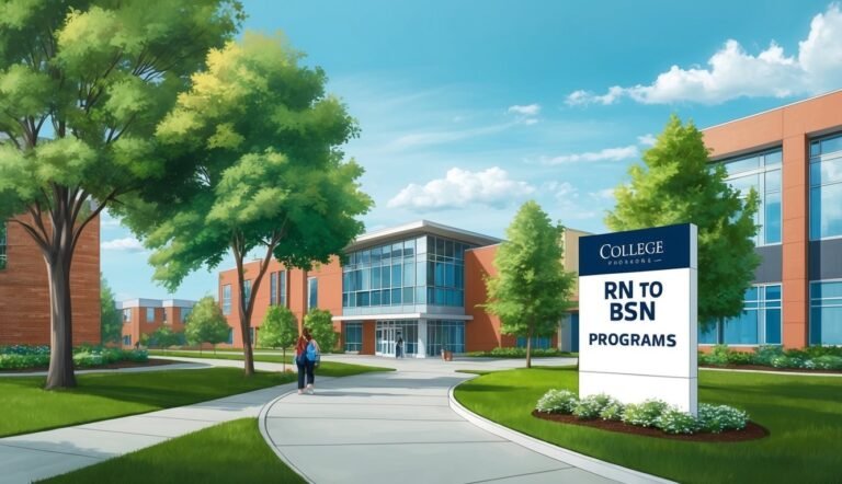 College campus with sign for RN to BSN programs, two students walking