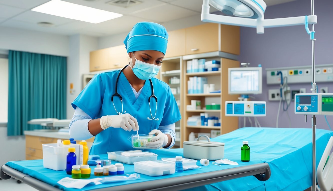 A nurse anesthetist in a hospital setting, wearing scrubs and a surgical mask, preparing medications and equipment for a surgical procedure