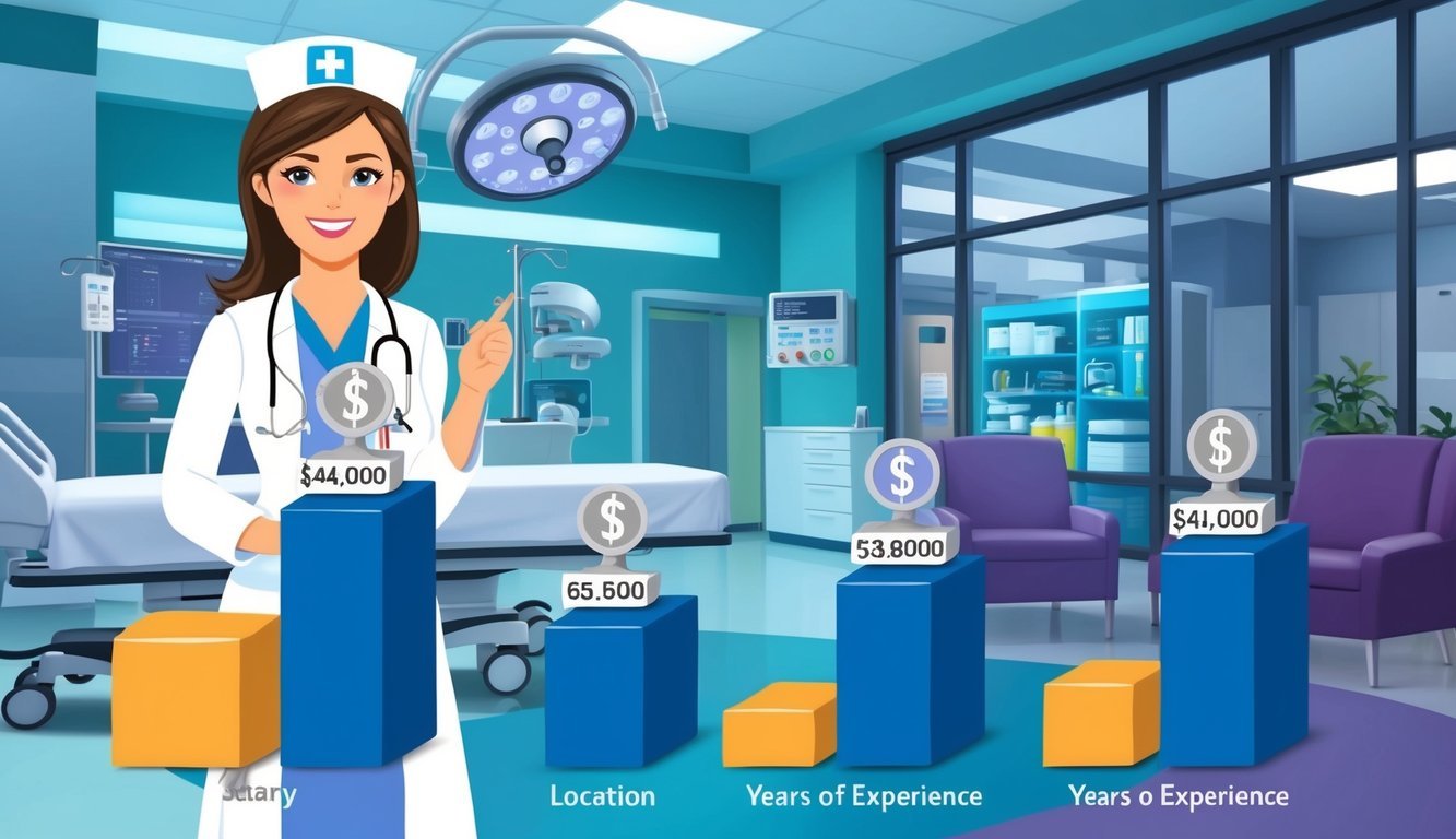 A nurse anesthetist working in a hospital setting, with various locations and years of experience represented by different salary figures