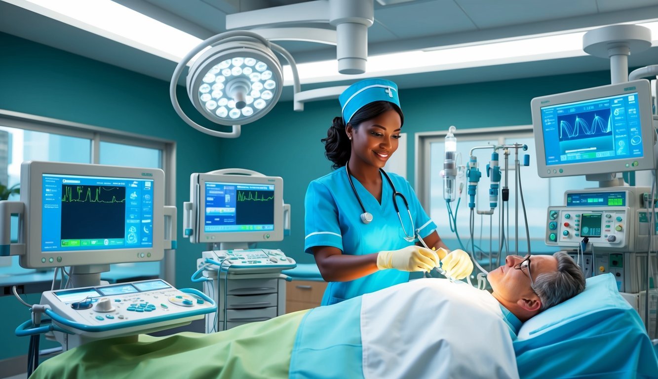 A nurse anesthetist in a modern hospital, surrounded by medical equipment and monitors, confidently administering anesthesia to a patient in the operating room