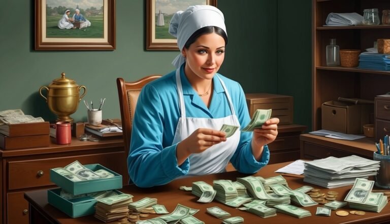 Woman in uniform counts money at a desk covered in cash