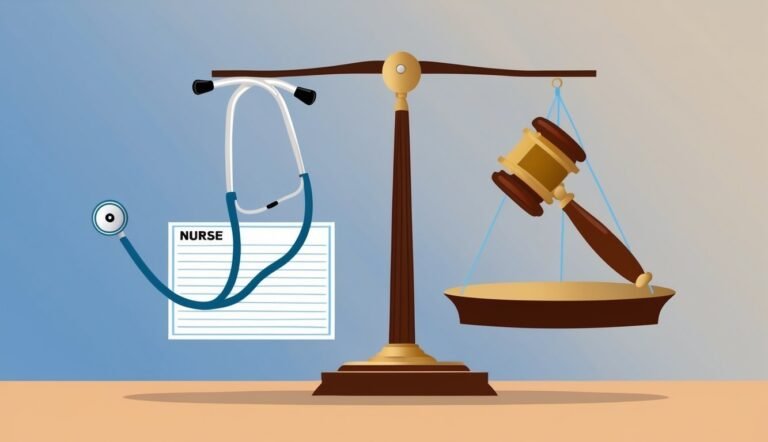 Scales of justice with a stethoscope and a gavel