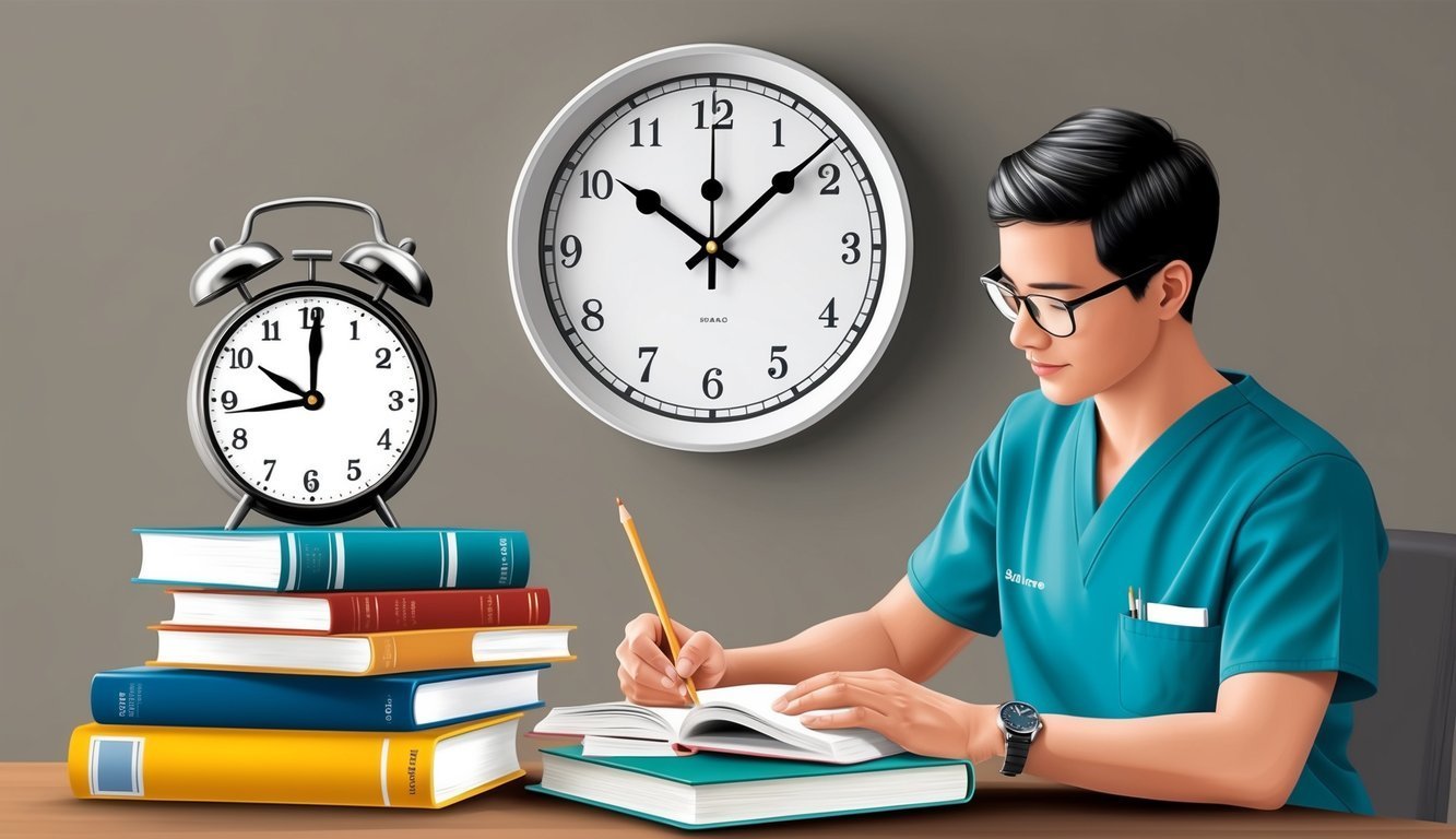 Man in scrubs studying with books and clocks, time management concept
