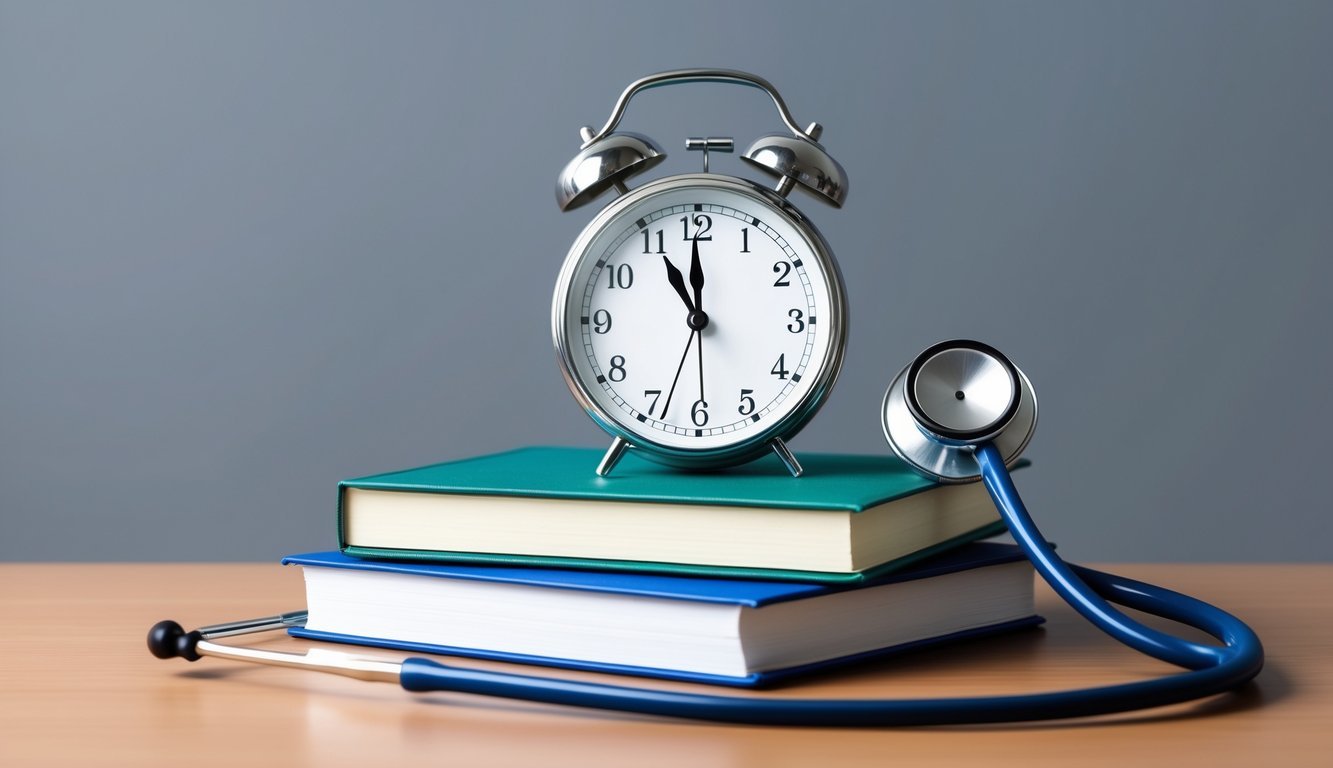 A clock ticking next to a stack of textbooks and a stethoscope on a desk