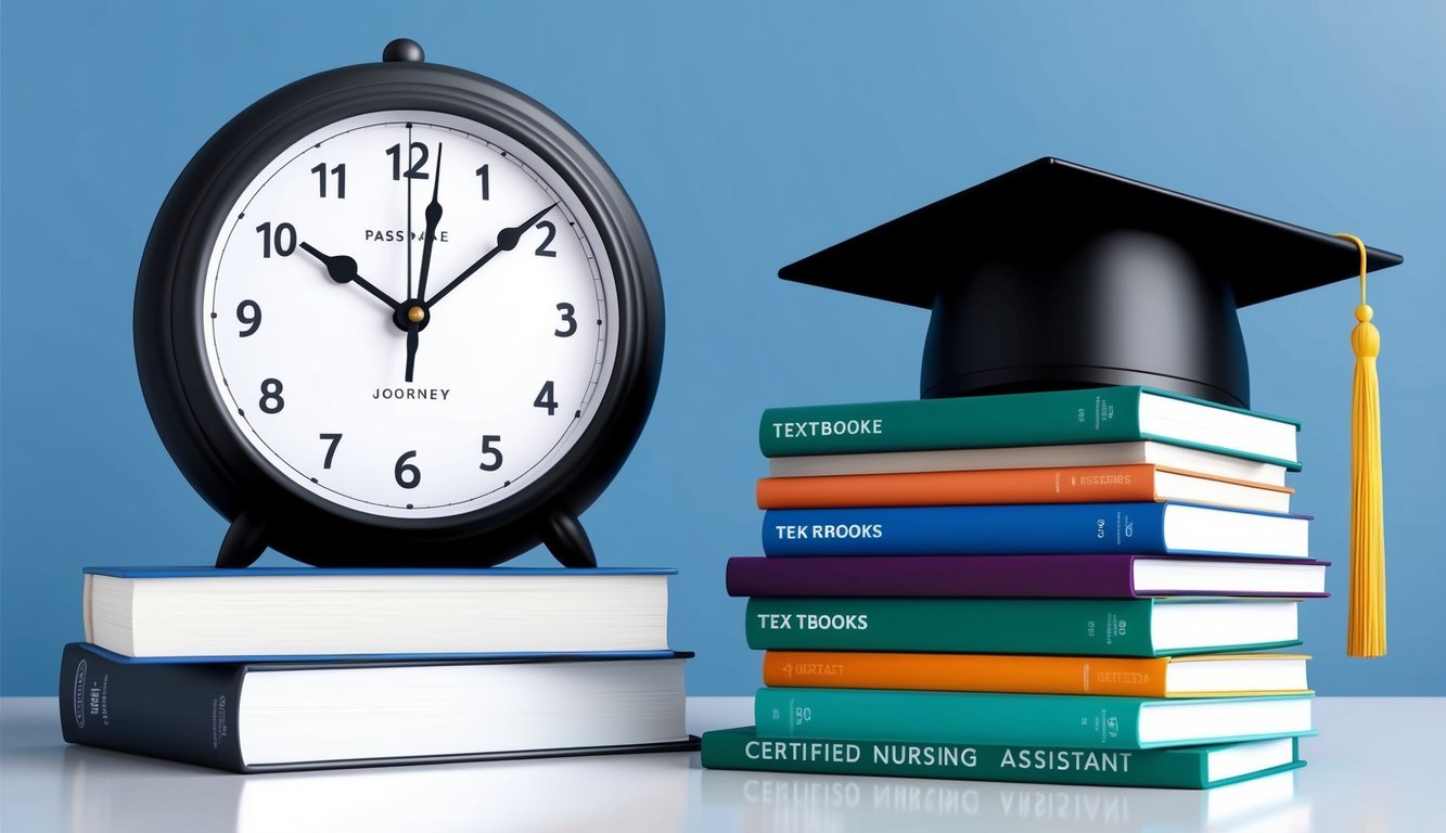 A clock showing the passage of time, a stack of textbooks, and a graduation cap symbolizing the journey to becoming a certified nursing assistant
