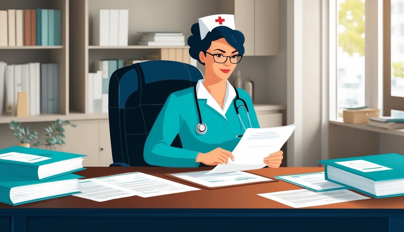 A nurse attorney reviewing healthcare legal documents at a desk