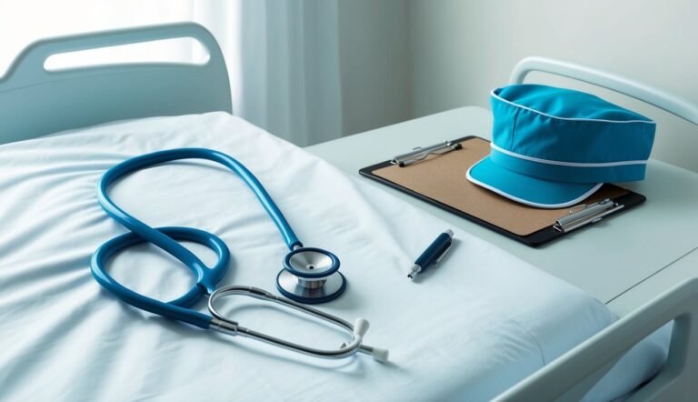 Hospital bed with stethoscope, nurse's cap, clipboard, and pen