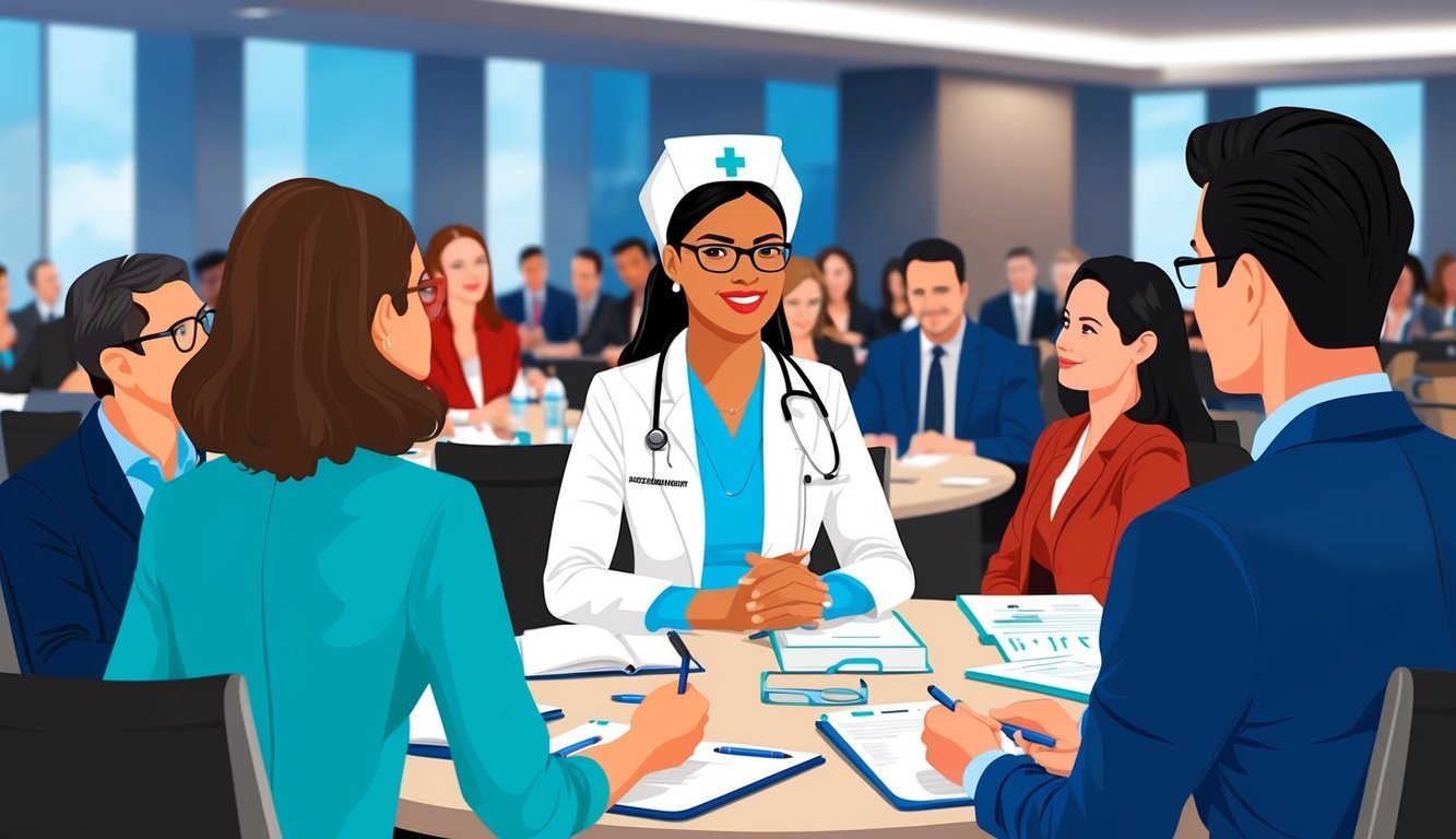 A nurse attorney at a conference, surrounded by colleagues, discussing professional development and emerging trends in healthcare law