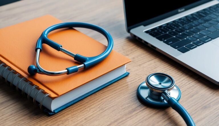 Blue stethoscope, orange book, and laptop on a wooden desk