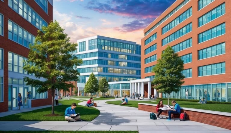 College campus courtyard with students studying and modern buildings