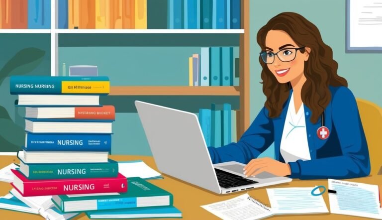 Woman in scrubs with laptop, books, and stethoscope, studying nursing