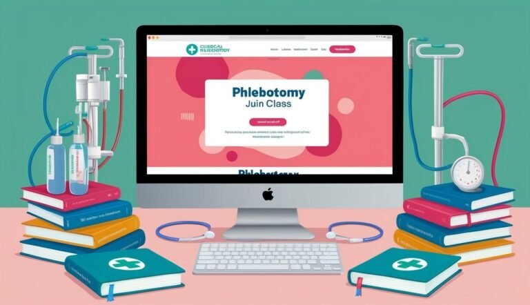 Computer screen with phlebotomy class, books, medical equipment, and stethoscope