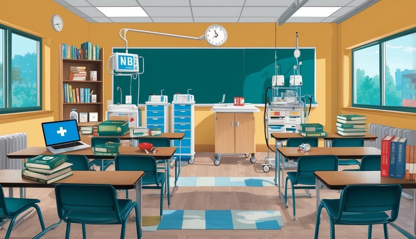Classroom with medical equipment, desks, books, and a laptop with a plus sign