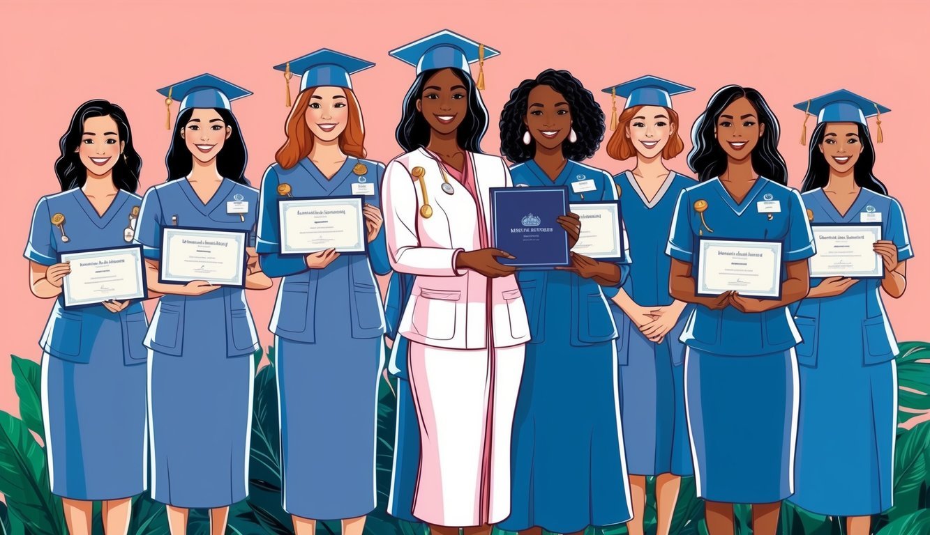 A group of nurses in uniform receiving their licensure and certification at a short nursing program graduation ceremony