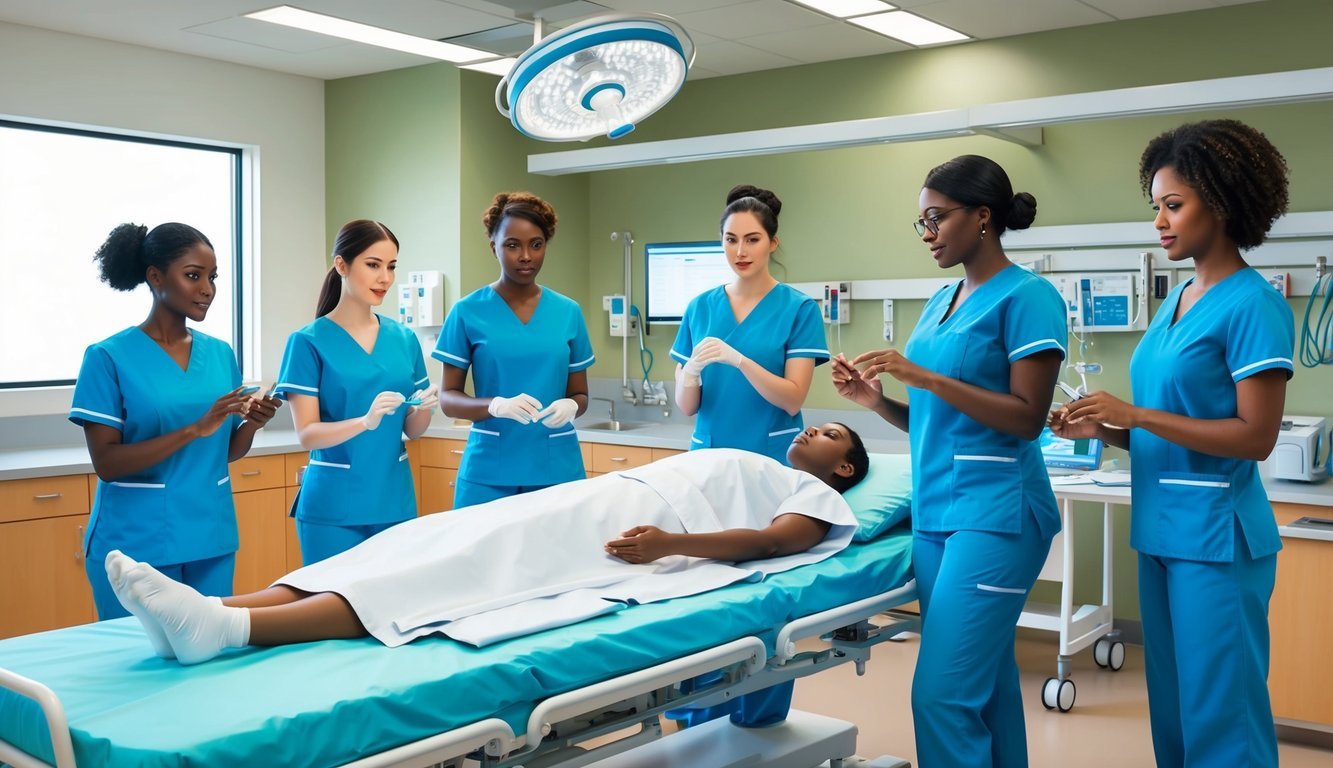 A group of nurses in scrubs practicing clinical skills in a hospital simulation lab