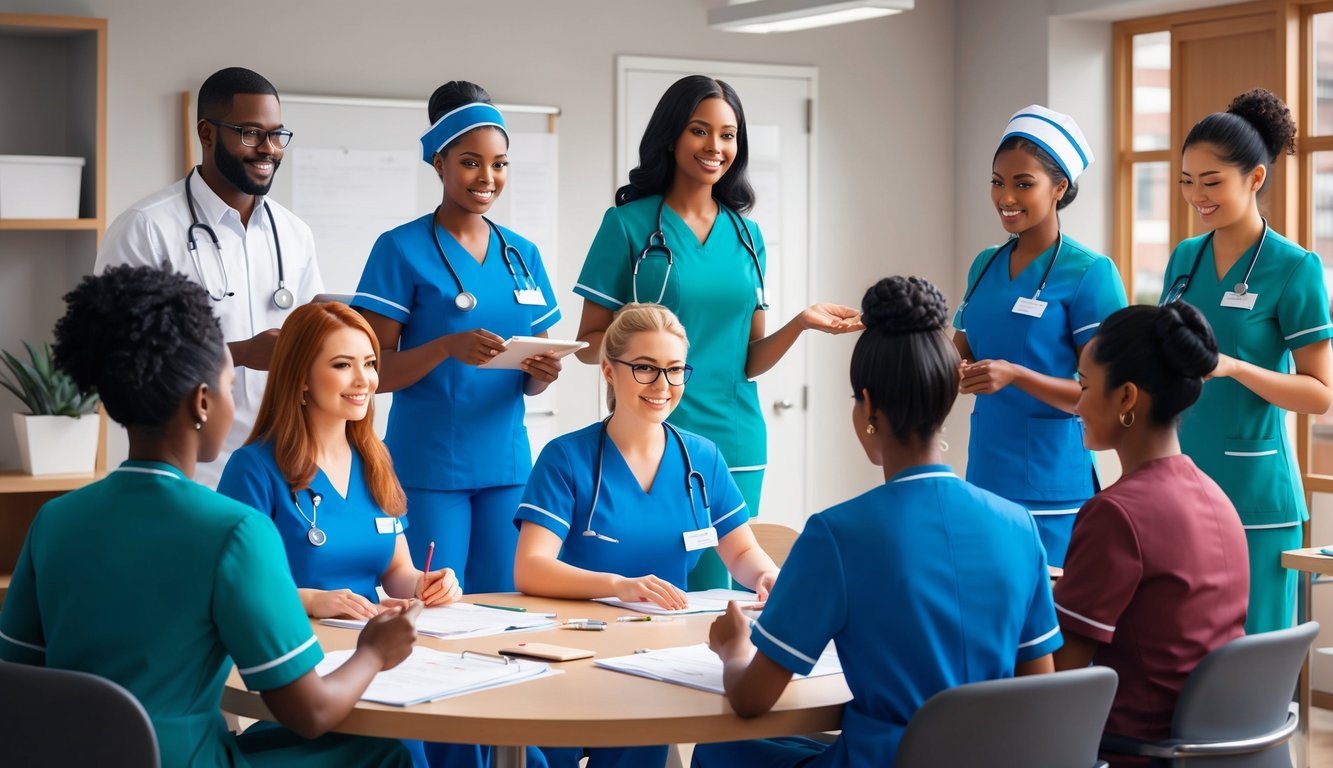 A group of nurses attending a short nursing program, engaged in discussions and hands-on learning activities