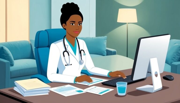 Black female doctor working at a desk with a computer and documents