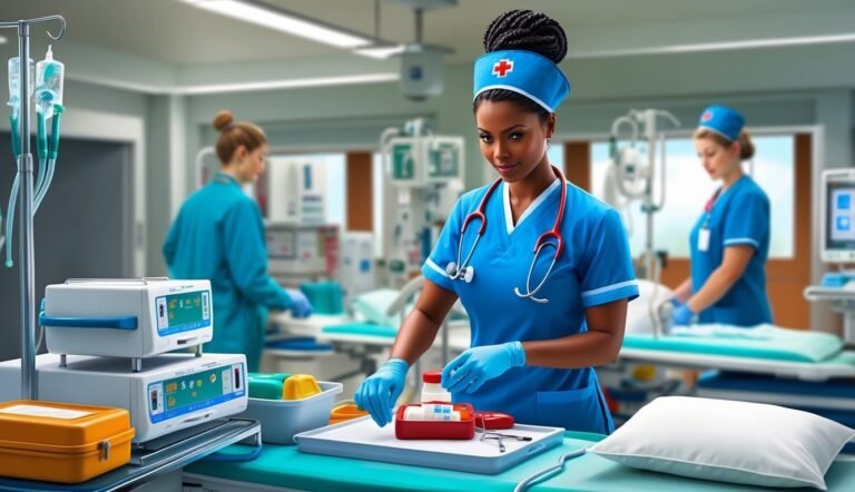 Nurse in blue scrubs prepares medical supplies in a hospital room