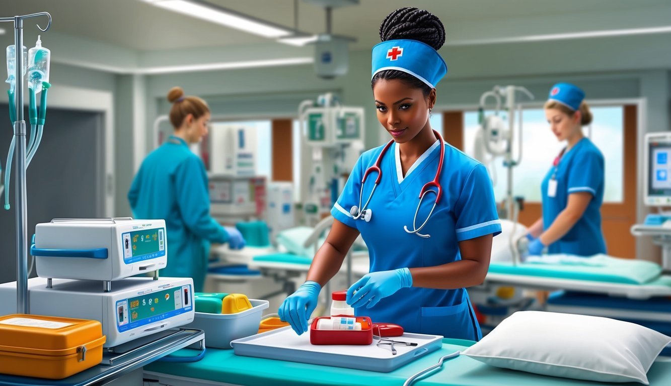 Nurse in blue scrubs prepares medical supplies in a hospital room