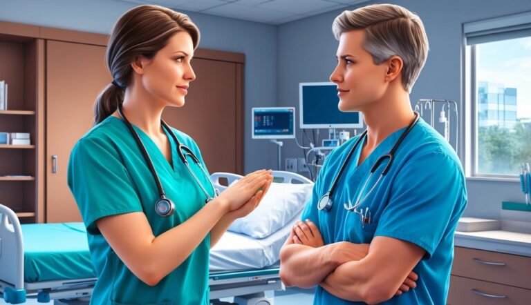 Two medical professionals in scrubs talking in a hospital room
