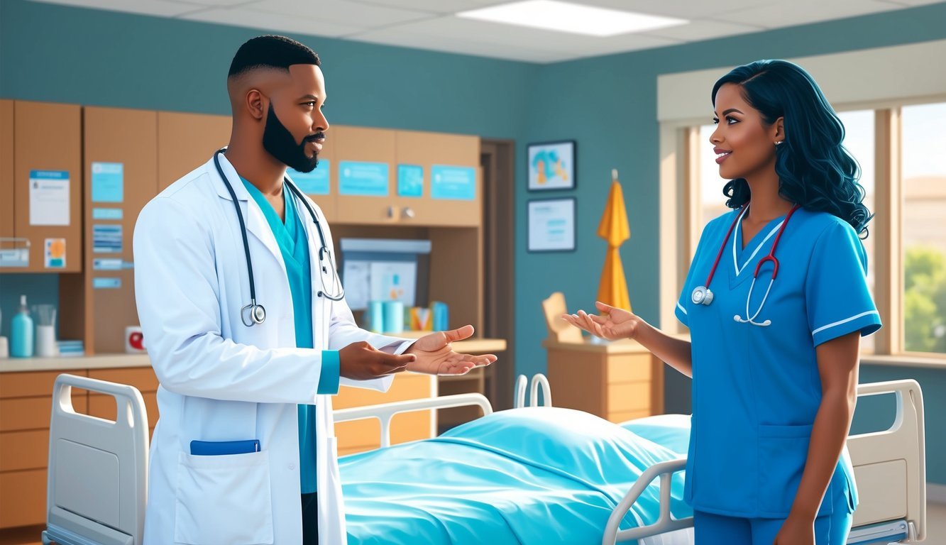 A DNP and CRNA discussing patient care in a hospital setting