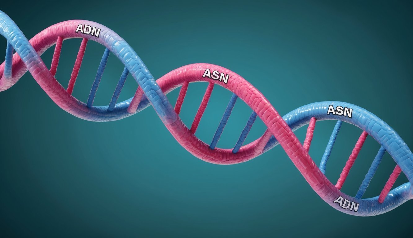 3D rendering of a DNA double helix with "ADN" and "ASN" labels