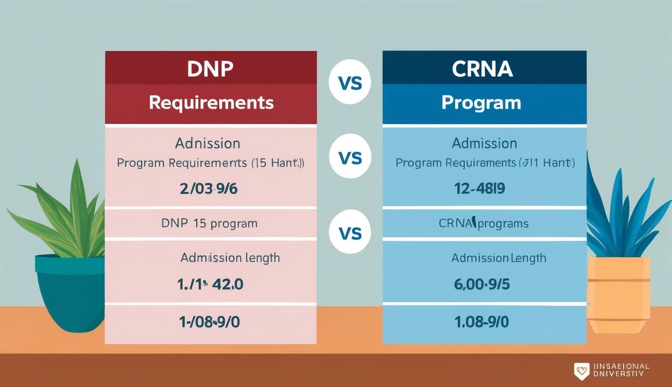 A table with two columns comparing admission requirements and program length for DNP and CRNA programs