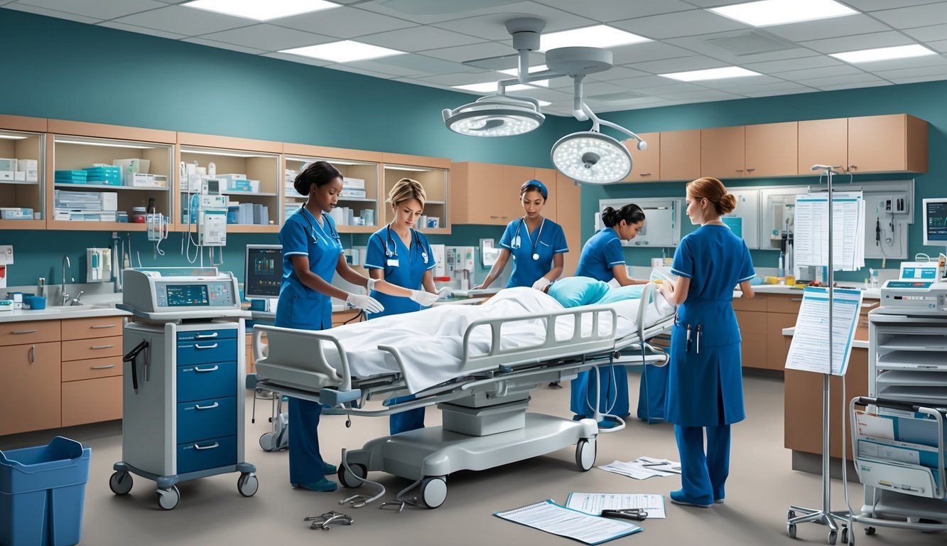 A bustling emergency room with nurses tending to patients, medical equipment, and charts scattered about