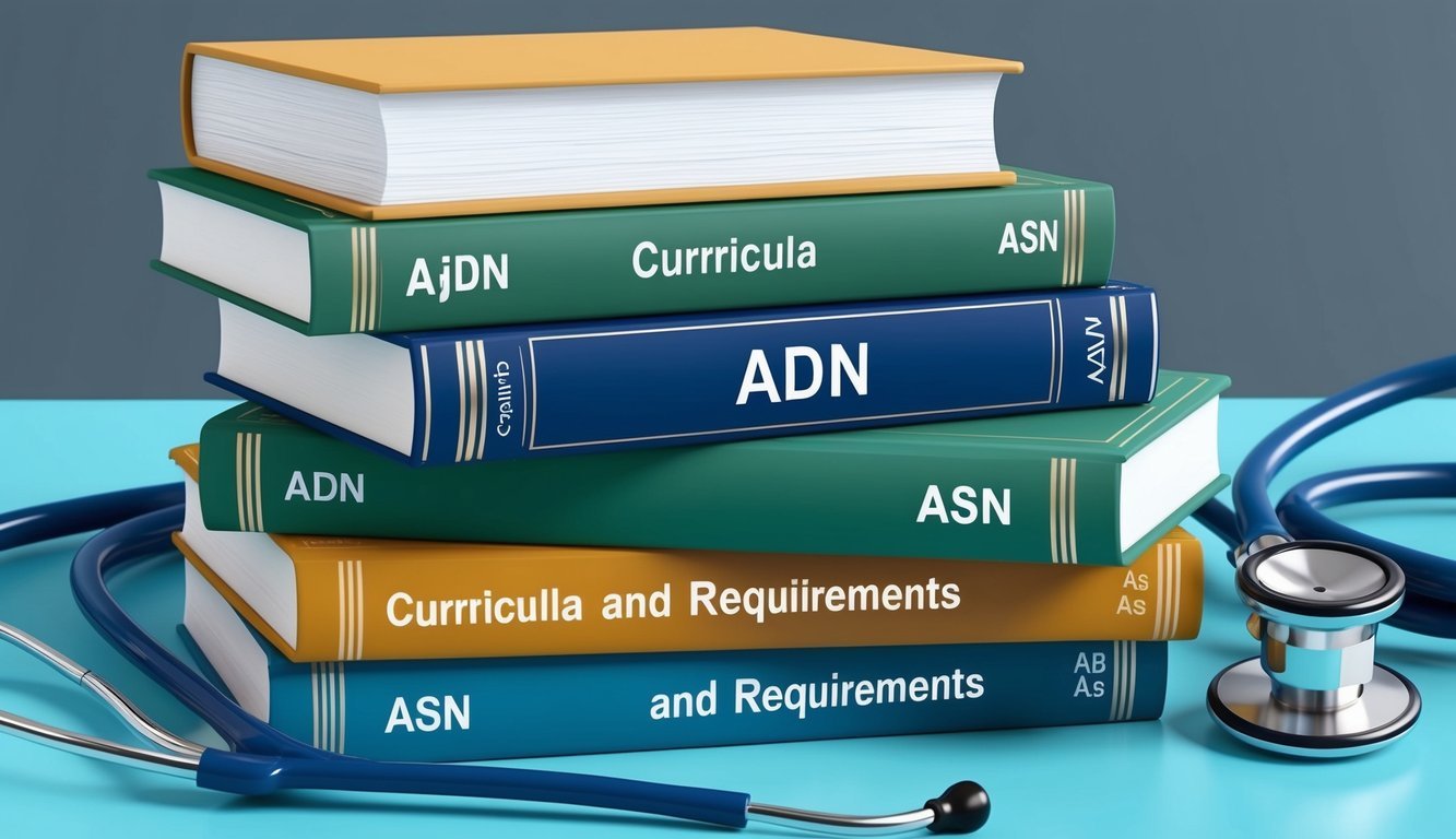 A stack of books labeled "Curricula and Requirements" with an "ADN" and "ASN" written on them, surrounded by medical equipment and a stethoscope