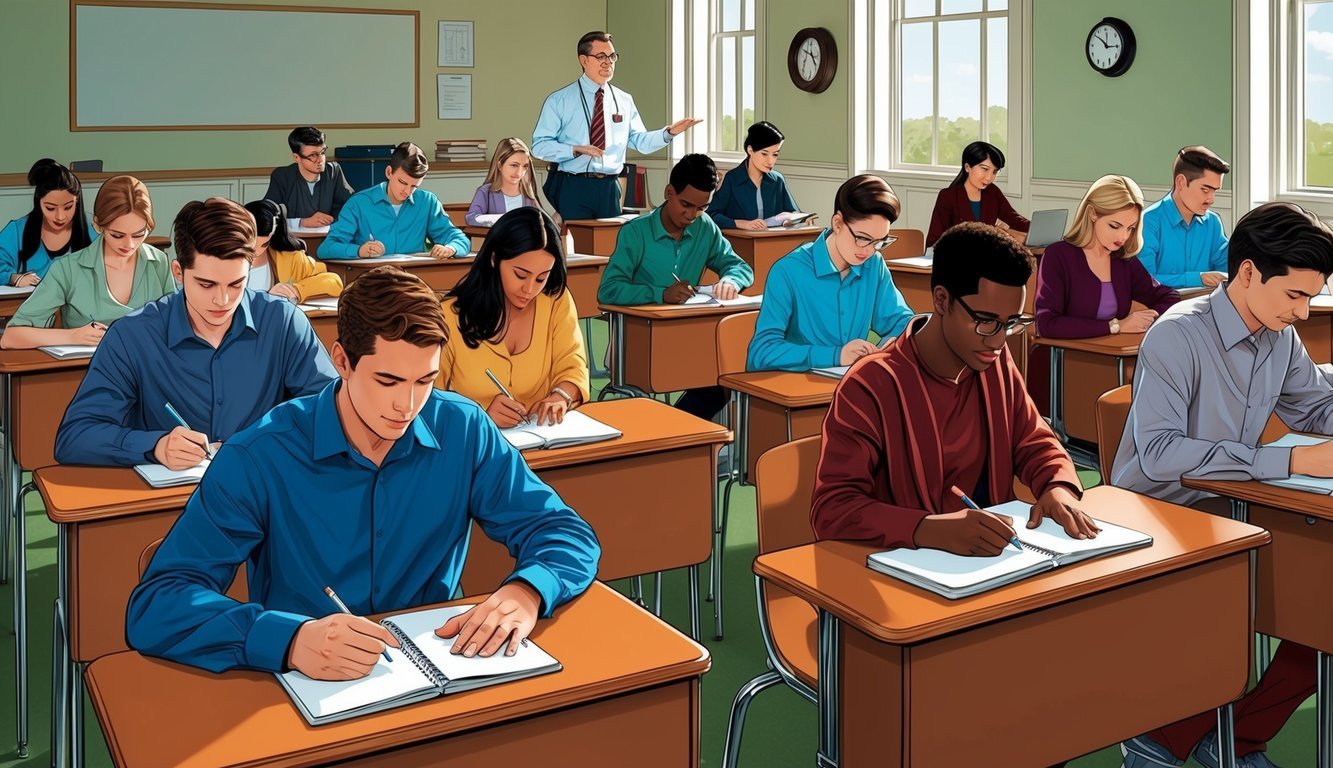 A group of individuals sitting at desks, taking exams with a proctor overseeing the process