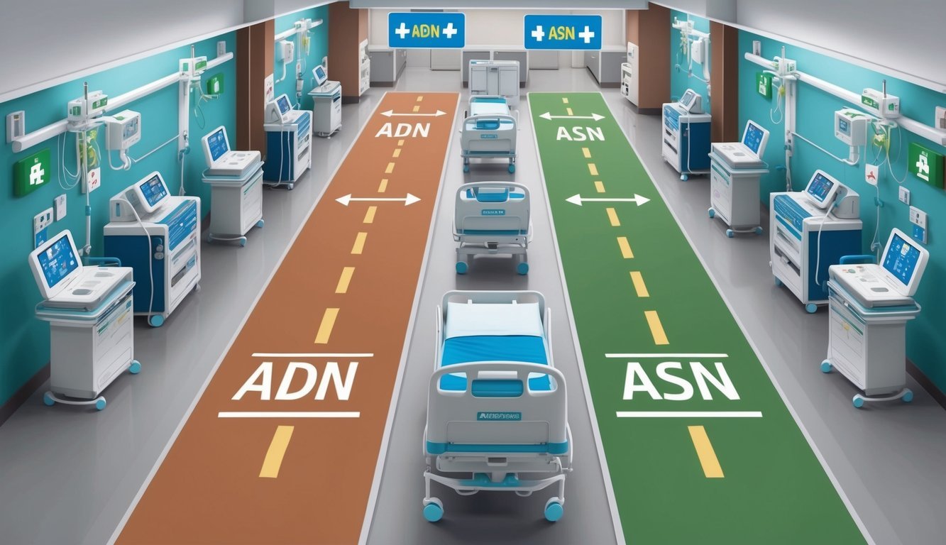 A hospital setting with two pathways diverging, one labeled "ADN" and the other "ASN," with various medical equipment and symbols surrounding each pathway