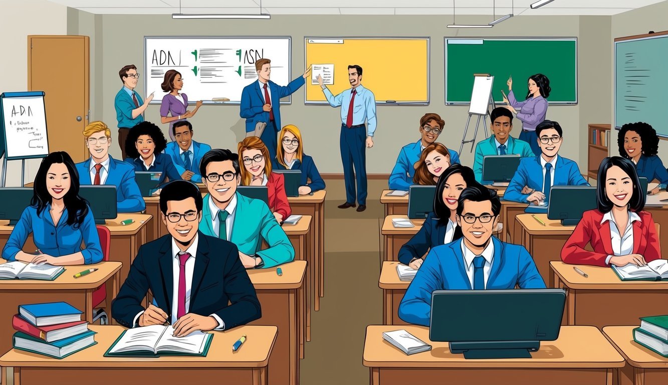 A classroom with students and teachers, one group studying for an ADN degree, the other for an ASN degree.</p><p>Books, whiteboards, and computers are present