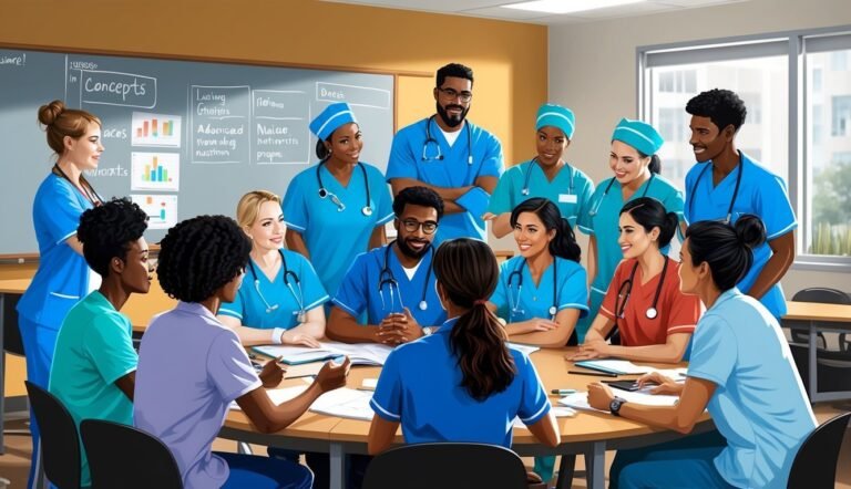 Group of nurses in scrubs around a table, discussing concepts in a classroom