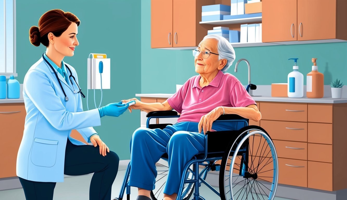 Doctor checking an elderly woman's pulse with a pulse oximeter in a wheelchair