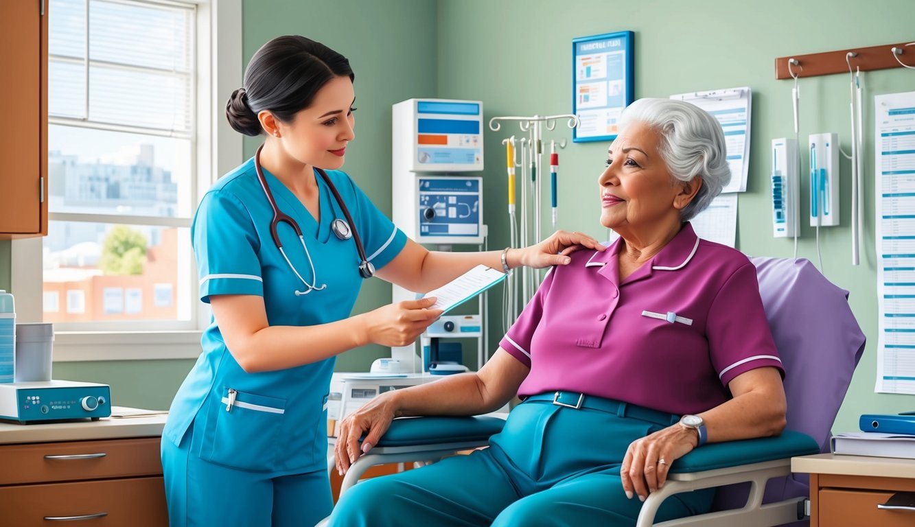 A geriatric nurse practitioner conducting a health assessment on an elderly patient in a clinical setting, surrounded by medical equipment and charts