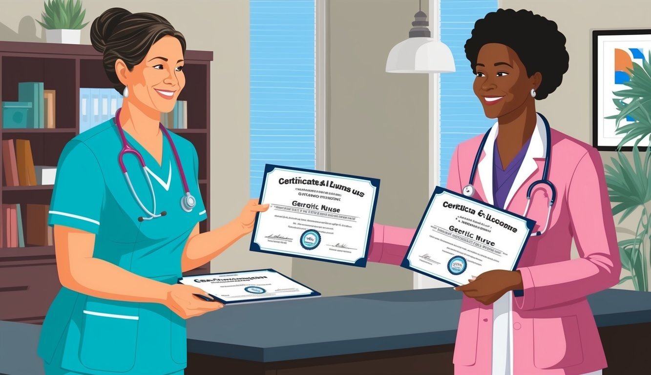 A geriatric nurse practitioner receiving certification and licensure documents
