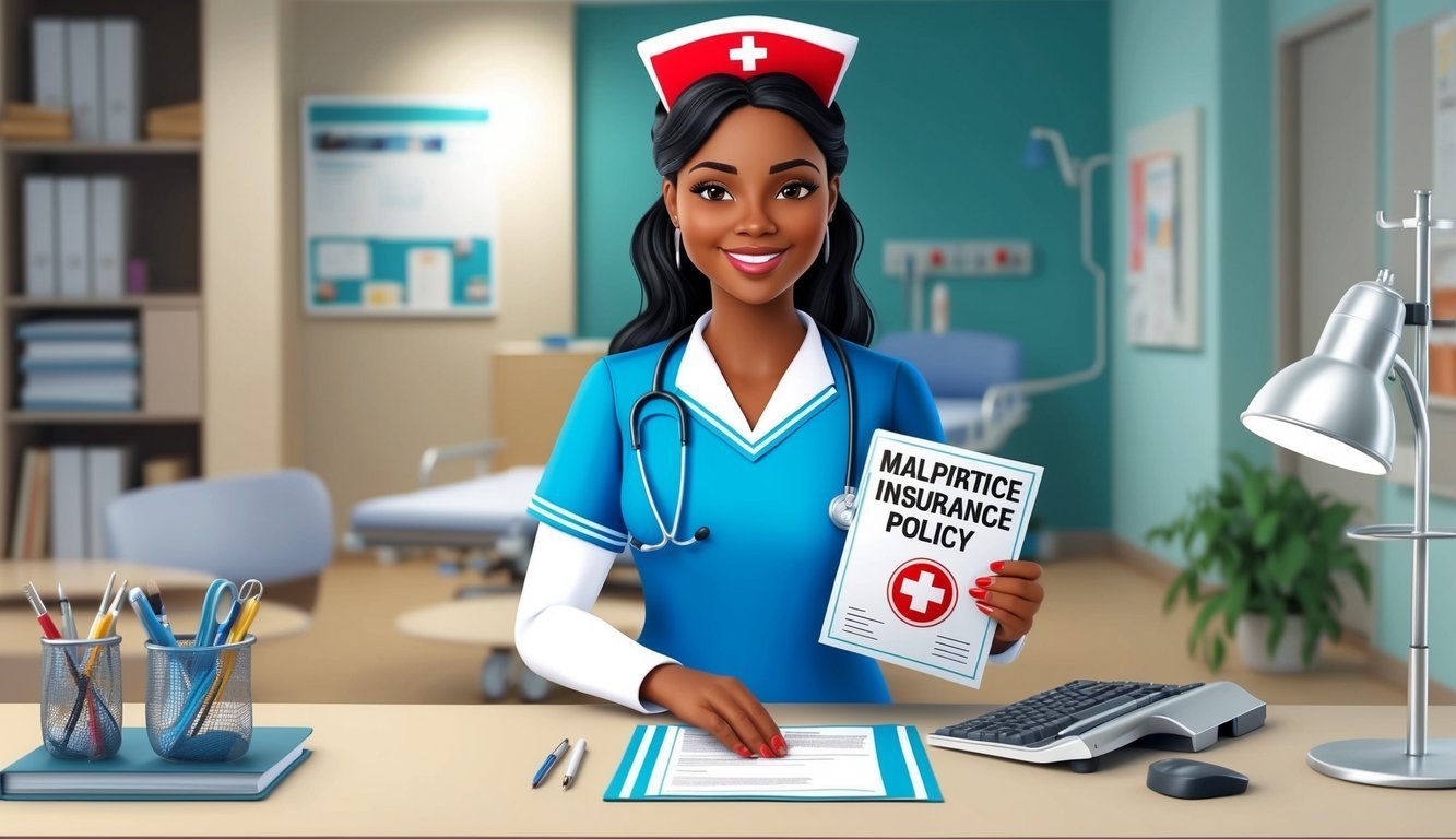 Smiling nurse holding a malpractice insurance policy in a hospital room