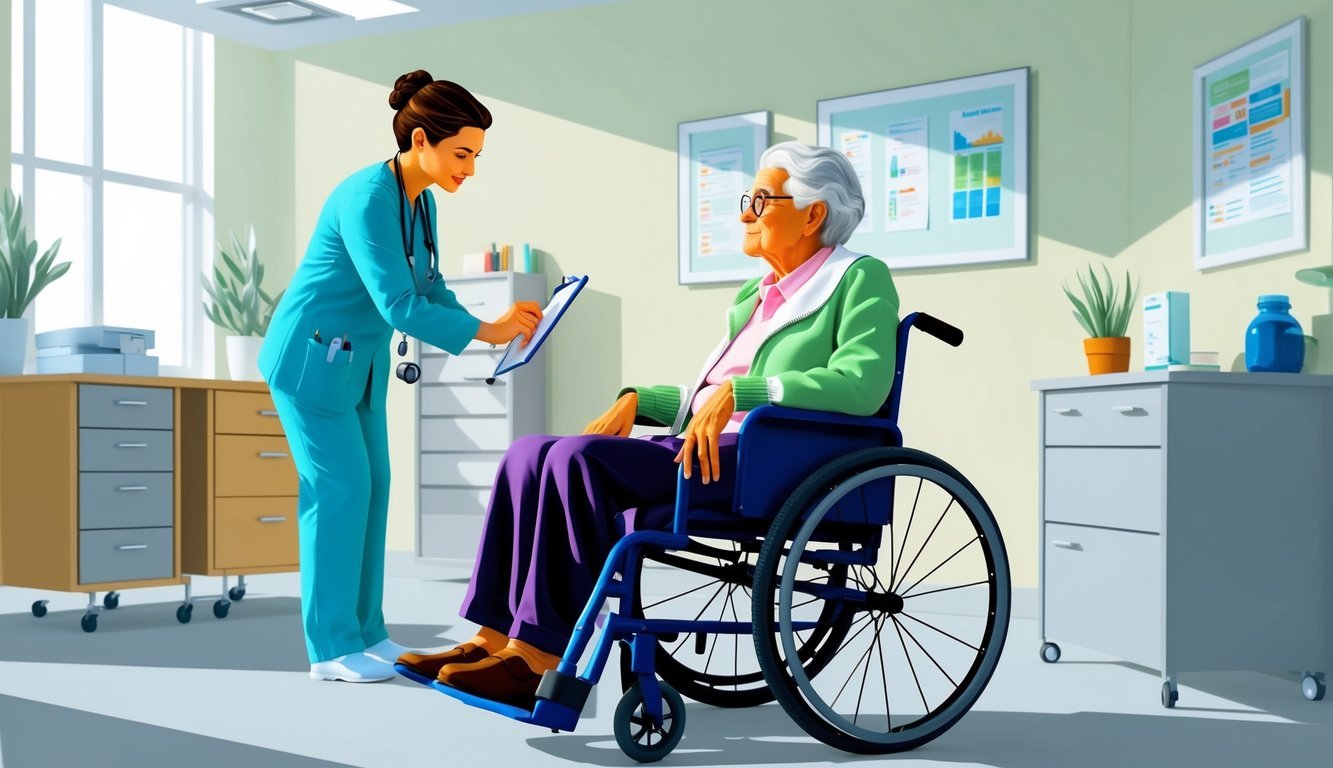 An elderly patient sitting in a wheelchair while a geriatric nurse practitioner conducts a thorough assessment in a well-lit exam room