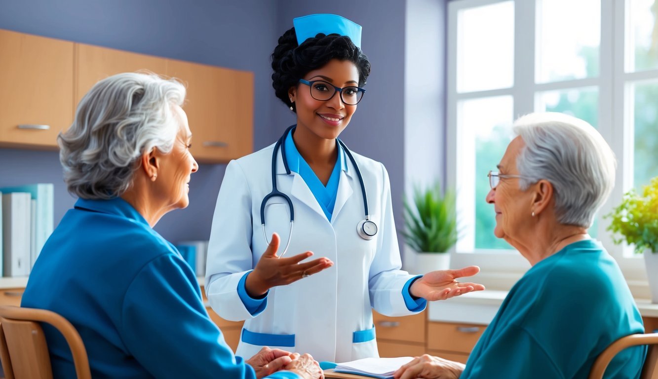 A geriatric nurse practitioner discussing career opportunities and advancement with senior patients in a clinic setting