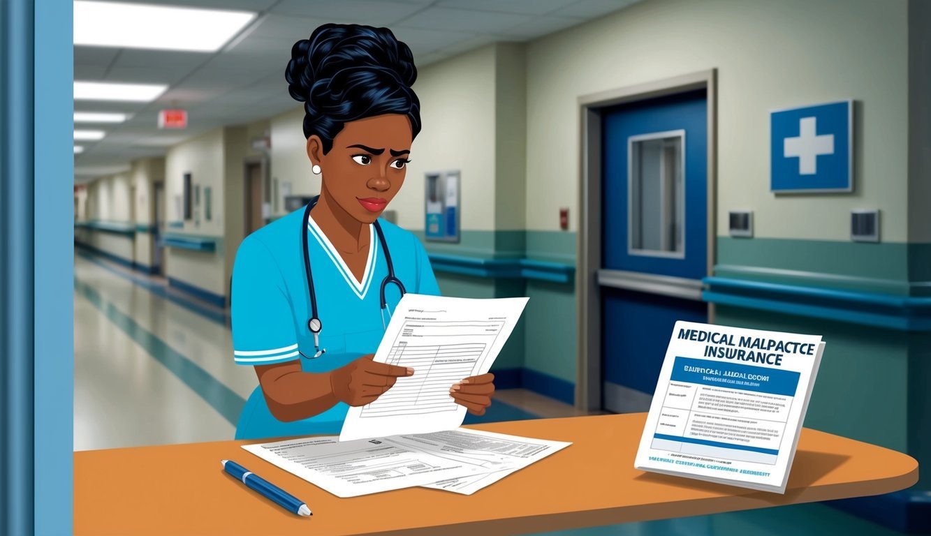 A nurse standing in a hospital hallway, looking concerned while reviewing paperwork with a medical malpractice insurance brochure on a nearby table