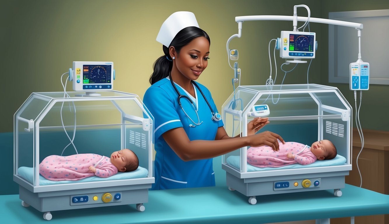 Nurse tending to babies in incubators with monitoring equipment