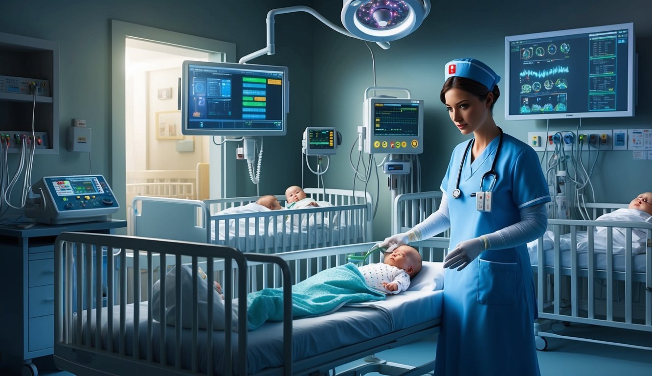 A NICU nurse monitors tiny patients in a dimly lit room filled with beeping machines and tiny cribs