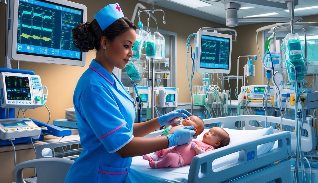 A nurse in a hospital setting, caring for premature babies in a neonatal intensive care unit, surrounded by medical equipment and monitors