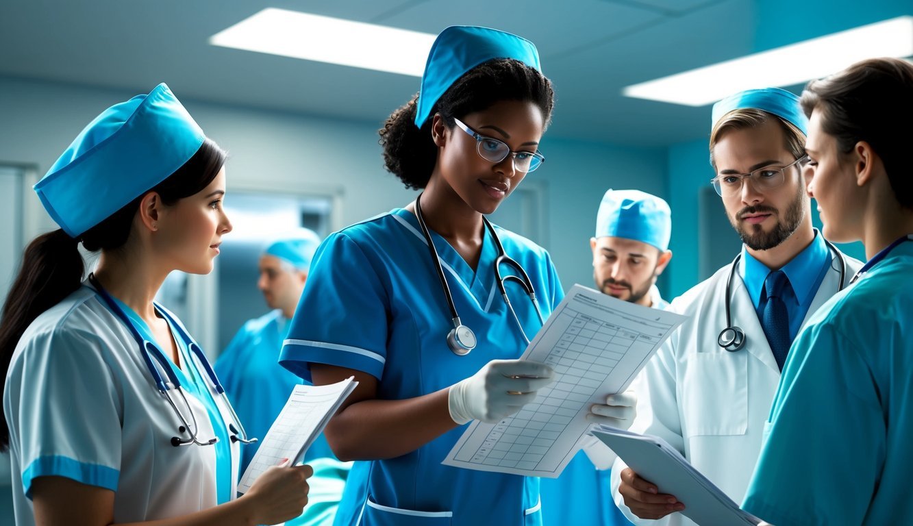 A NICU nurse reviewing patient charts and conferring with medical team