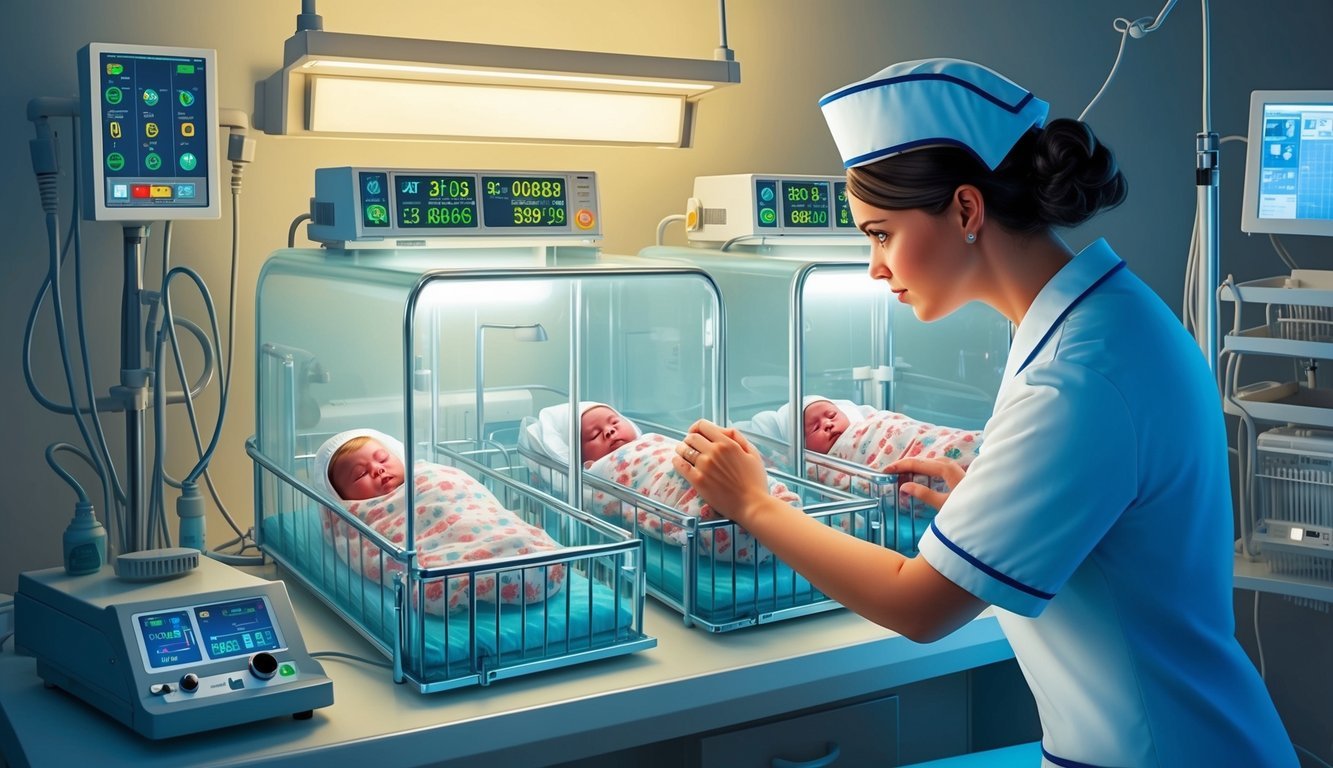 A nurse carefully monitors tiny patients in incubators, surrounded by medical equipment and soft lighting